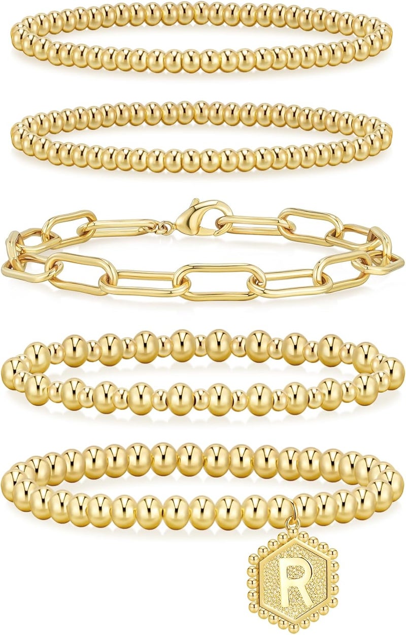 adoyi Gold Bracelets for Women Waterproof, 14K Gold Plated Beaded Strand Bead Ball Bracelets stack Adjustable Jewelry Set for Gifts - Image 1